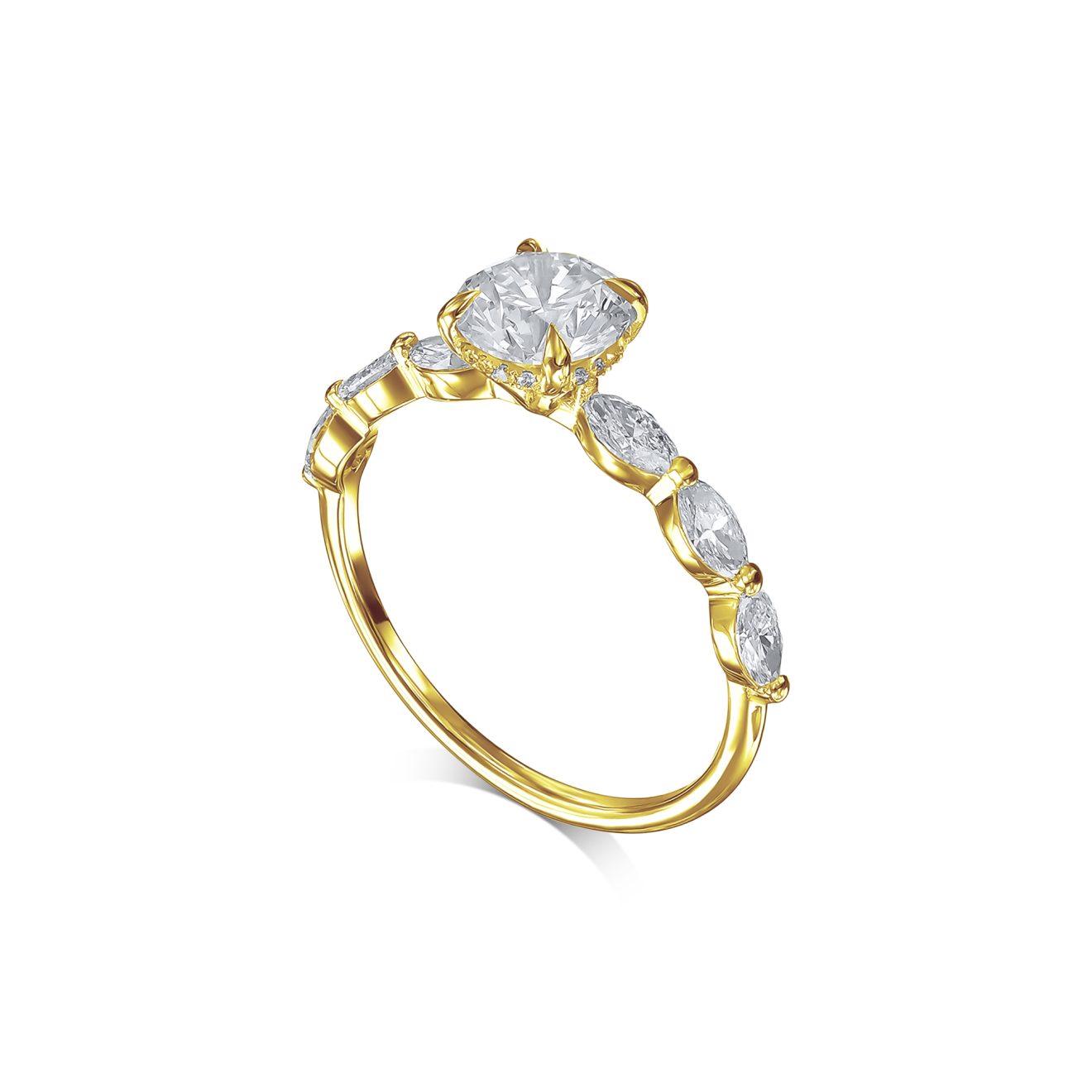 טבעת אירוסין קלאסית זהב צהוב עם יהלום מרכזי ואבני צד בצורת מרקיזות