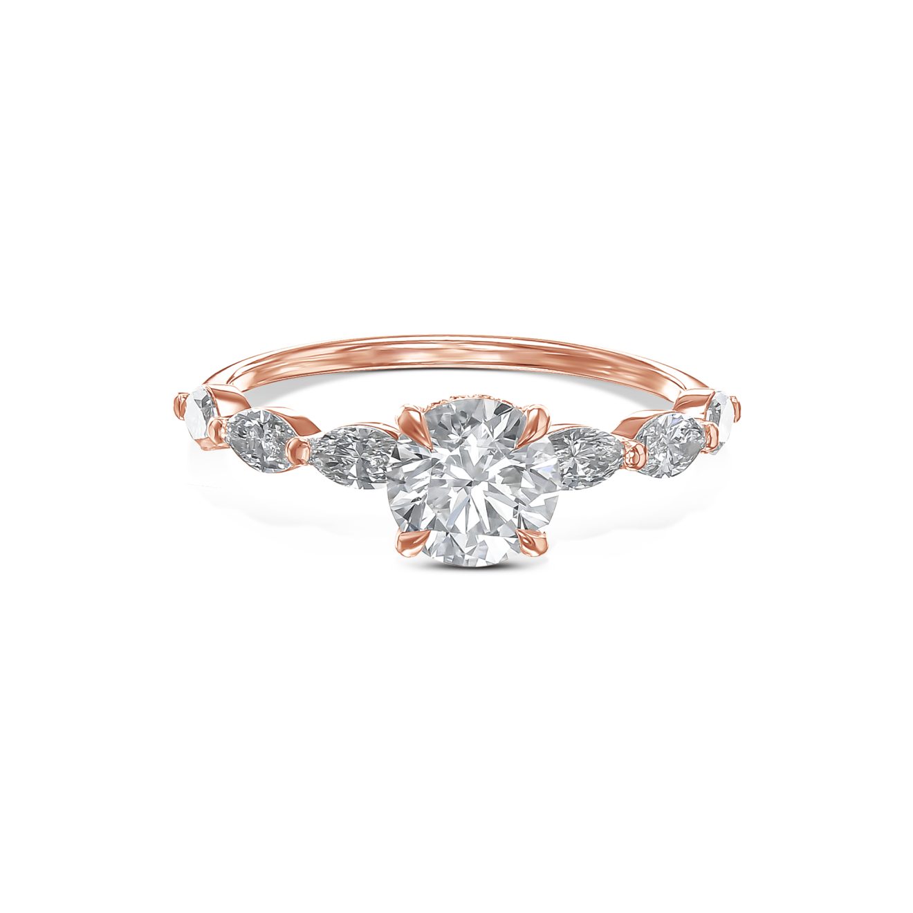 טבעת אירוסין קלאסית עם יהלום עגול ואבני צד - זהב ורוד